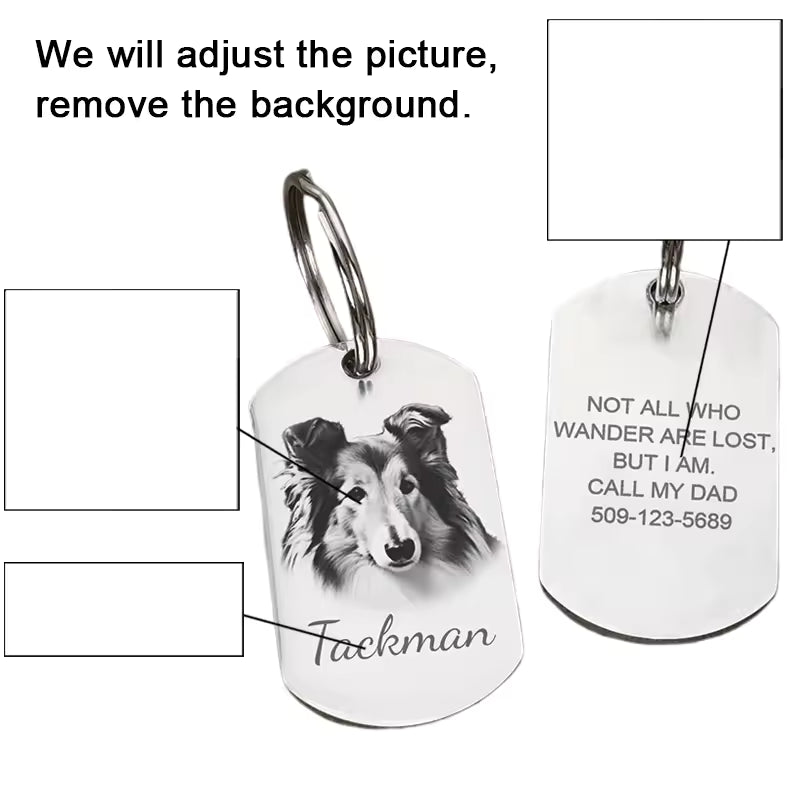 Rectangular silver engraved pet ID tag with photo and name