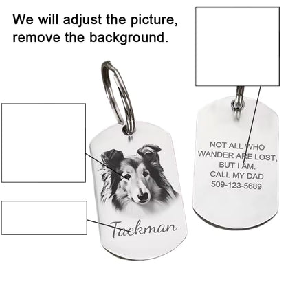 Rectangular silver engraved pet ID tag with photo and name