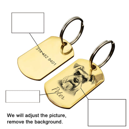 Rectangular gold engraved pet ID tag with photo and name