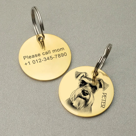 Front and back of engraved gold pet ID tag with photo, name, and contact info